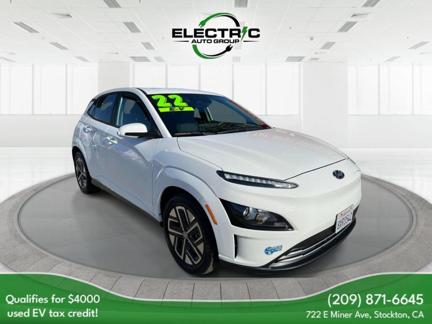 2022 WHITE /BLACK Hyundai Kona EV Limited (KM8K33AG4NU) with an ELECTRIC engine, 1A transmission, located at 722 E Miner Ave, Stockton, CA, 95202, (209) 871-6645, 37.956711, -121.282310 - PLUS TAXES AND FEES - Photo#0