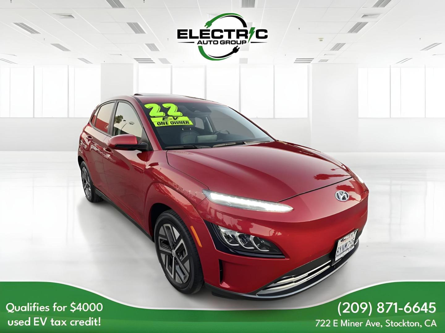 2022 RED Hyundai Kona EV Ultimate (KM8K53AG5NU) with an ELECTRIC engine, 1A transmission, located at 722 E Miner Ave, Stockton, CA, 95202, (209) 871-6645, 37.956711, -121.282310 - PLUS TAXES AND FEES - Photo#0