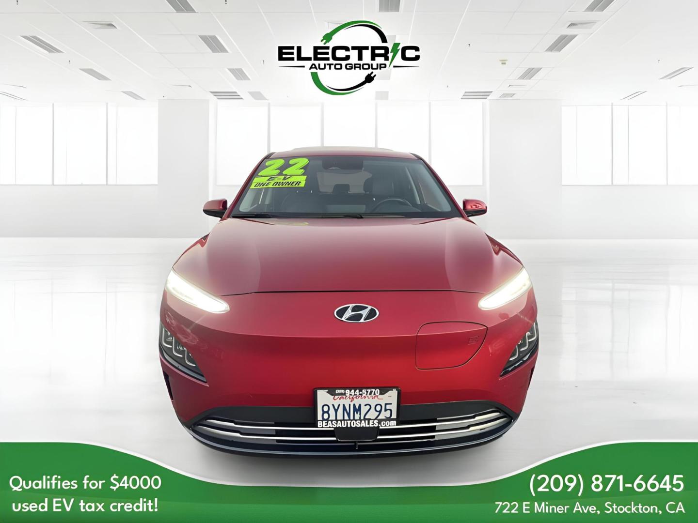 2022 RED Hyundai Kona EV Ultimate (KM8K53AG5NU) with an ELECTRIC engine, 1A transmission, located at 722 E Miner Ave, Stockton, CA, 95202, (209) 871-6645, 37.956711, -121.282310 - PLUS TAXES AND FEES - Photo#1