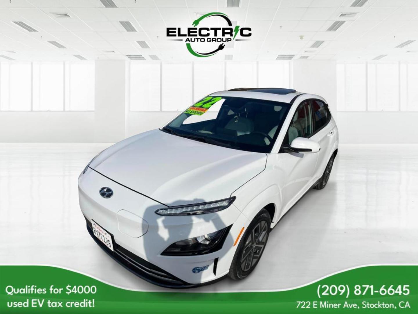 2022 WHITE /GRAY Hyundai Kona EV Limited (KM8K33AGXNU) with an ELECTRIC engine, 1A transmission, located at 722 E Miner Ave, Stockton, CA, 95202, (209) 871-6645, 37.956711, -121.282310 - Up to $4,000 in Savings This vehicle may qualify for the Pre-Owned Clean Vehicle tax credit made available to taxpayers in the Inflation Reduction Act. For comprehensive details on the full range of eligibility requirements and to gain further insight into the Pre-Owned Clean Vehicle tax credit, w - Photo#2